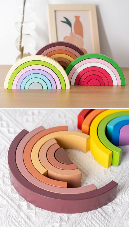 Wooden Rainbow Stacking Blocks Montessori Arch Bridge Toy
